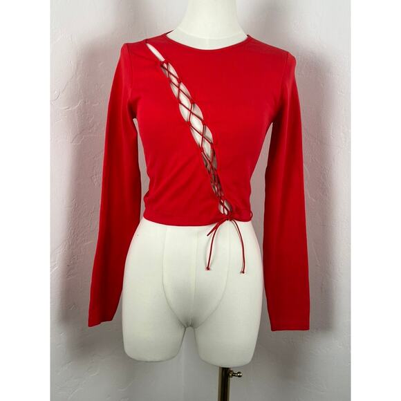 GARAGE Orange Red Ribbed Stretch Long-sleeve Top (Womens: Med) - Picture 2 of 8